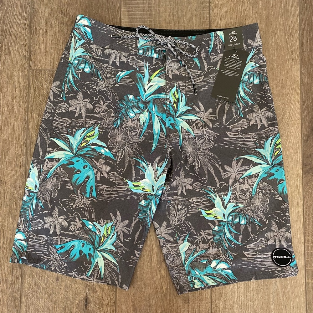 O'Neill Gray and Blue Board Shorts with Tropical Design
Men’s Size 28